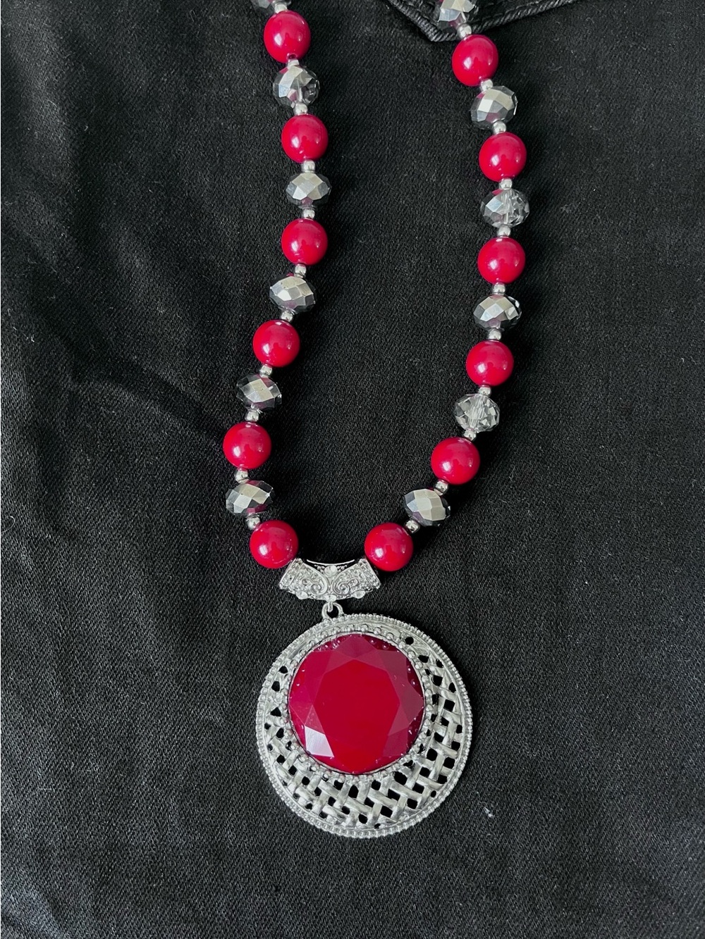 Red and Silver Beaded Pendant Necklace